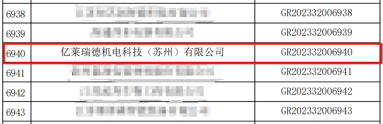 億萊瑞德成功入選江蘇省2023年認(rèn)定報備的第一批高新技術(shù)企業(yè)備案名單